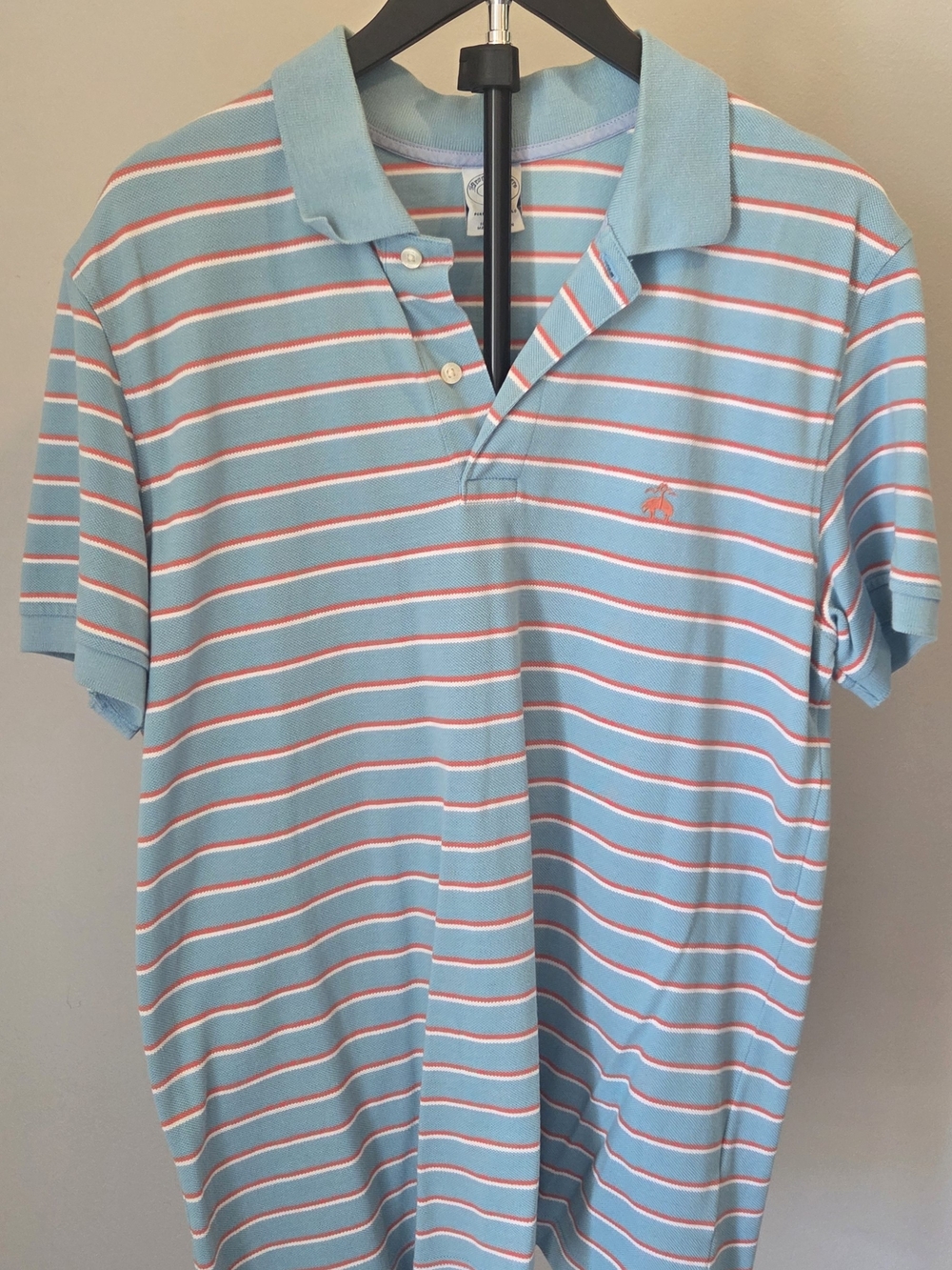 Brooks Brothers Light Blue & White Stripe Polo with Coral Accents
